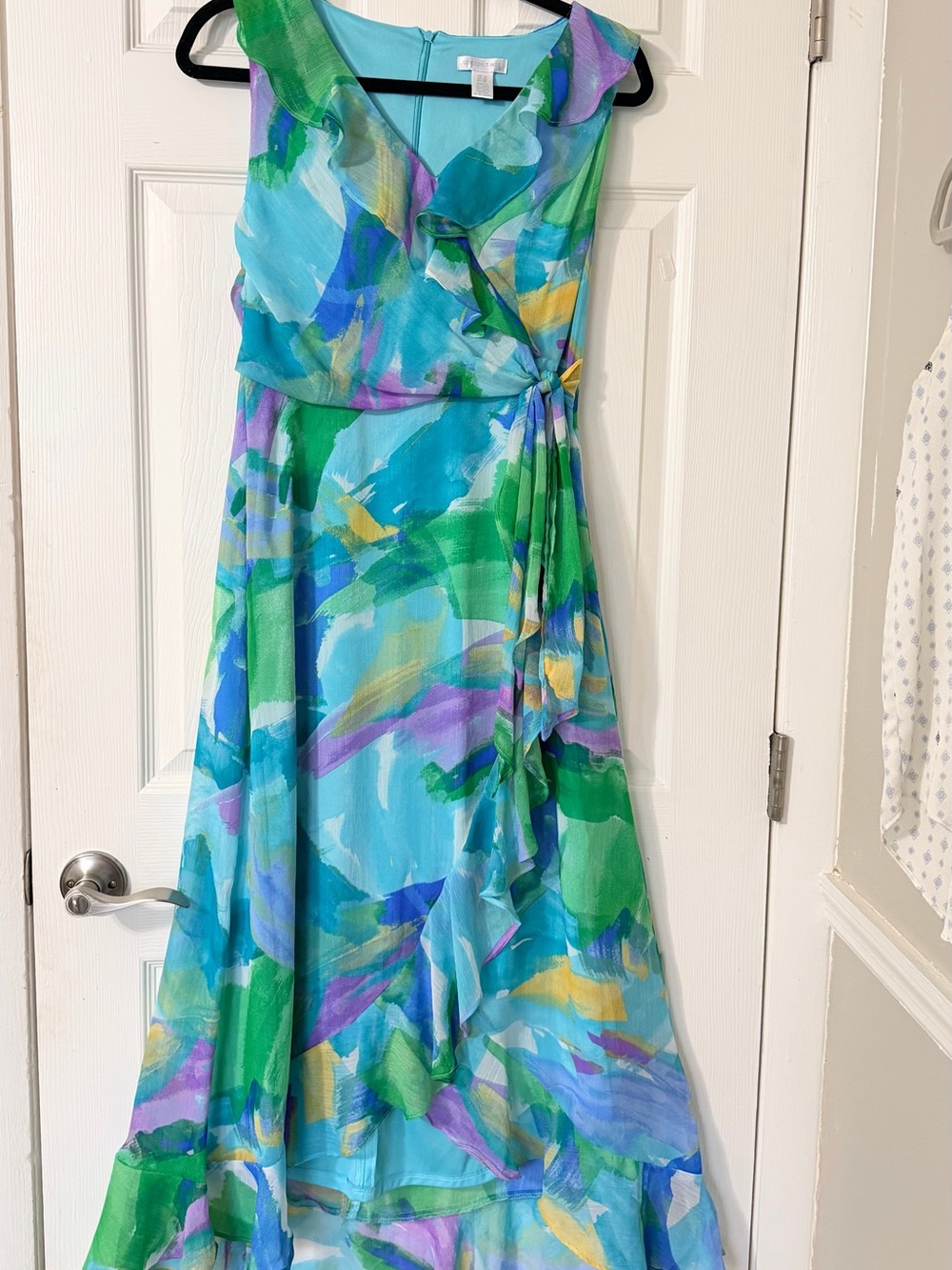 London Times Teal, Green & Purple Watercolor High-Low Ruffle Wrap Dress